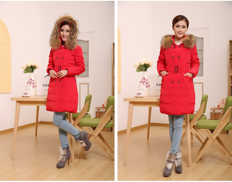 雪驰女装中<em>长款羽绒</em>服 冬装<em>外套连帽</em>腰带修身