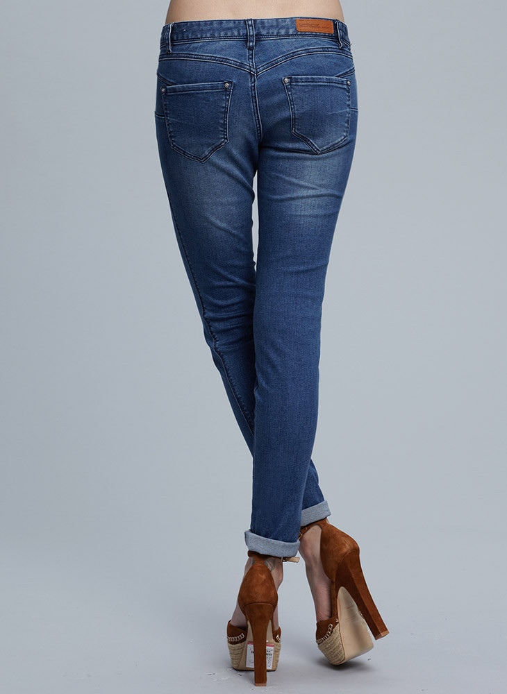 女装洗水感低腰小脚牛仔长裤556963 中蓝色 1