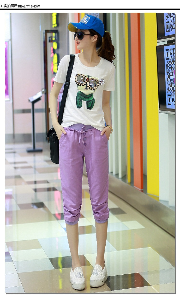 夏装韩版宽松紧腰棉麻亚麻七分裤糖果色哈伦裤