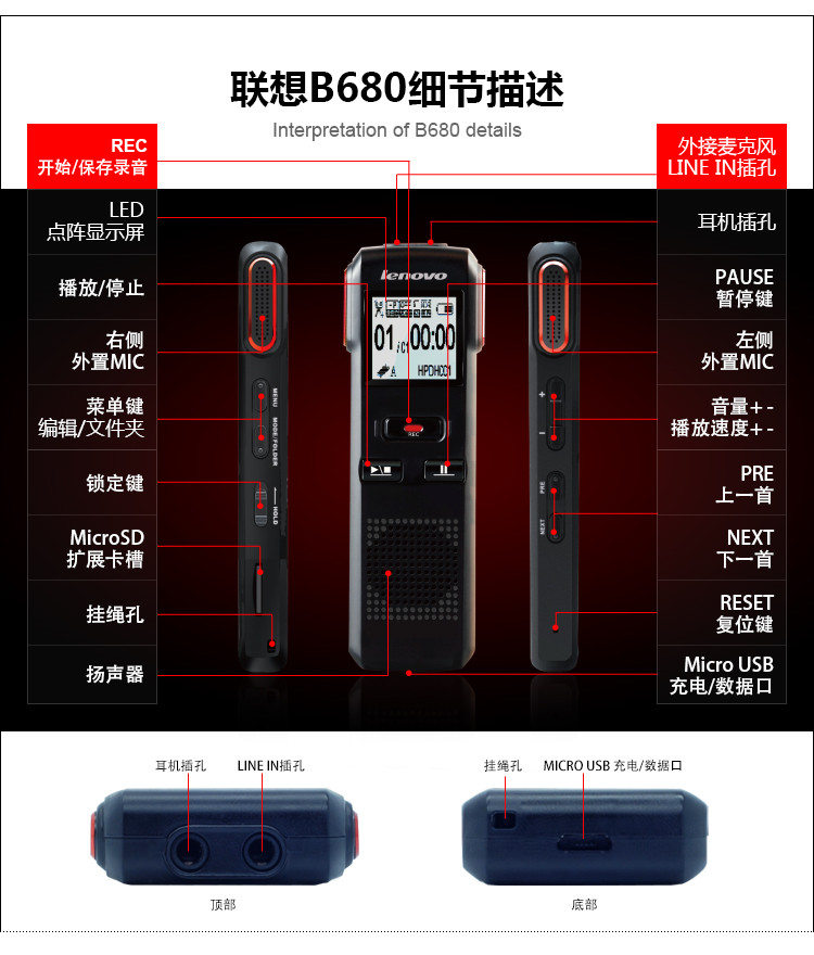 【联想 LENOVO录音笔 B680 8G】联想(LENO