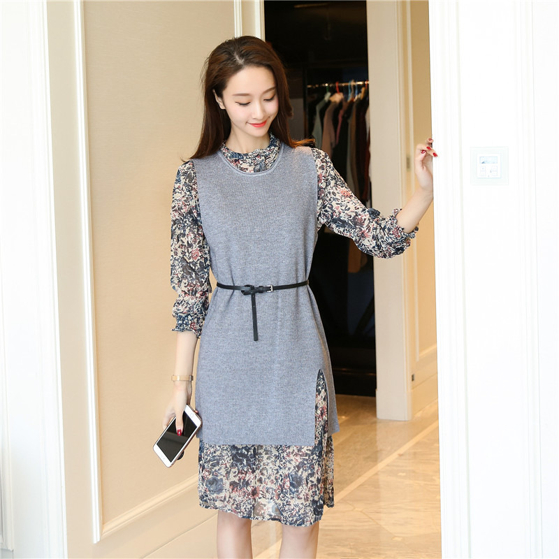 顺崇2017秋冬款女装腰带针织连衣裙两件套 娇