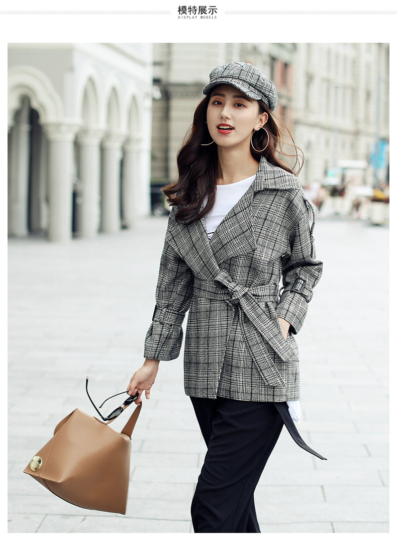 格子毛呢外套女短款2017秋新款韩版系带小个