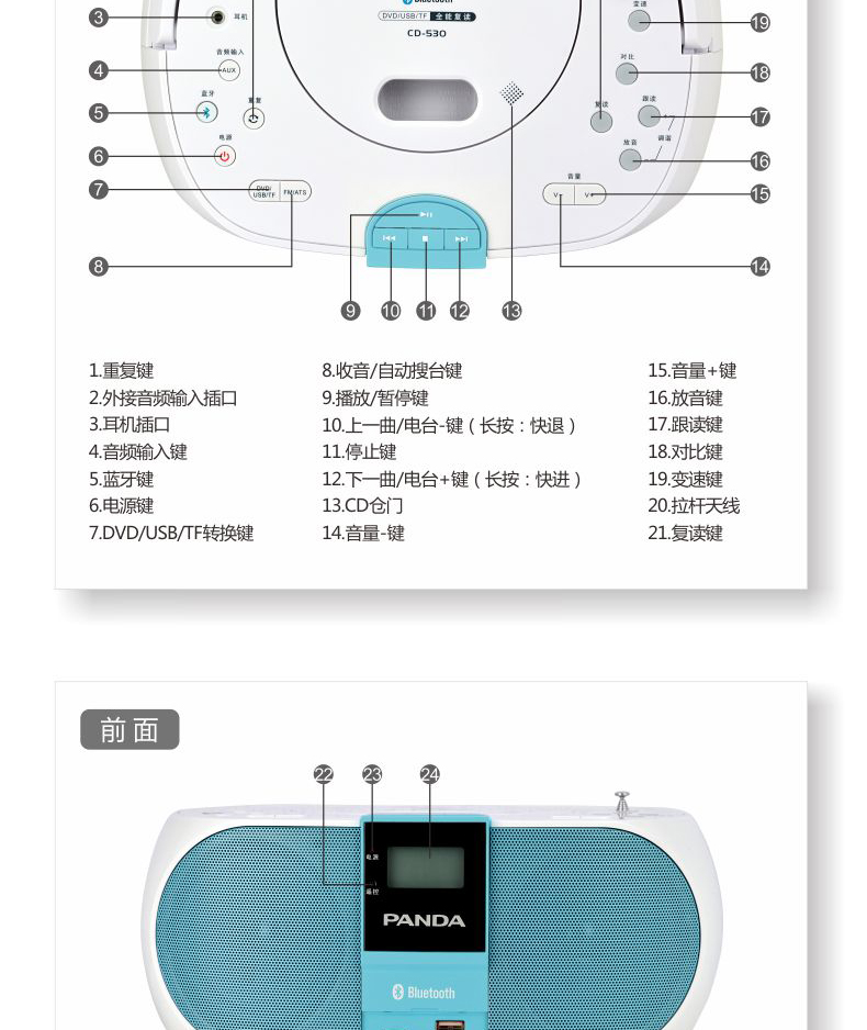 熊猫(PANDA) CD-530 蓝色 蓝牙无线音响CD播放机