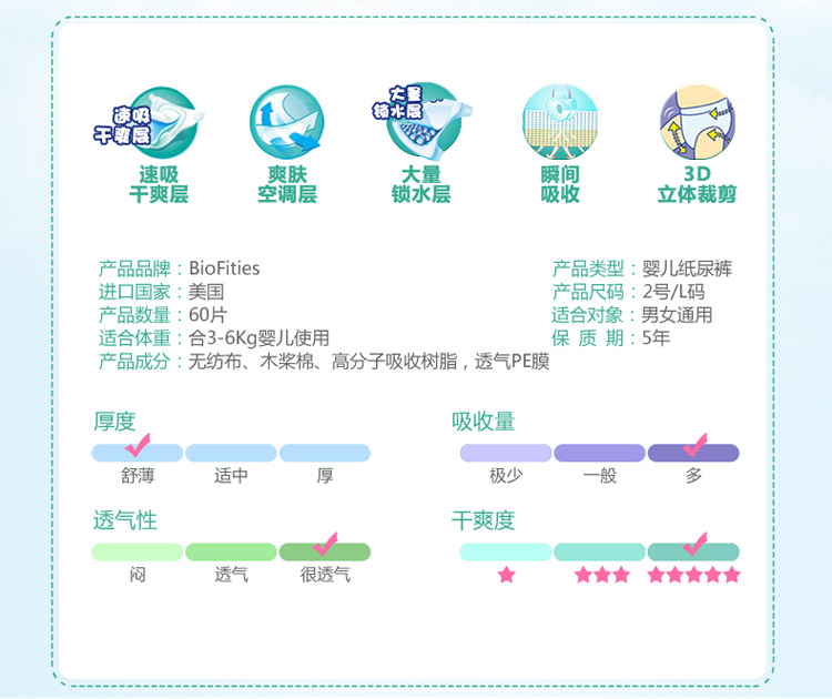 Bio Fities 自然天使系列 纸尿裤2号 (3-6公斤)60片 (美国进口)