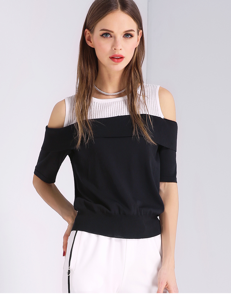 ZARA KARA黑白拼接露肩T恤女夏季短袖衣服