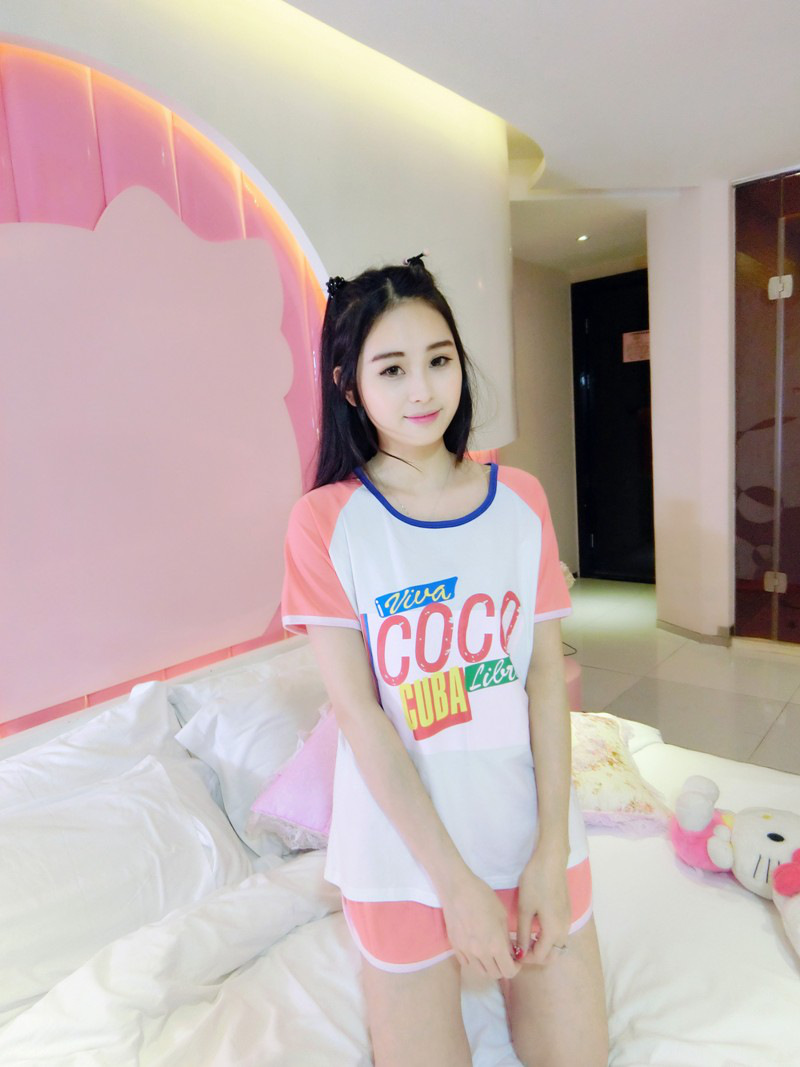 情娇婷2017韩版时尚睡衣女夏纯棉短袖短裤套