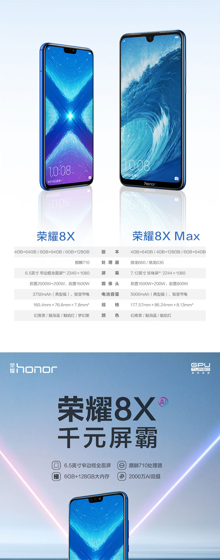 荣耀8x6gb128gb魅焰红91屏占比2000万ai双摄移动联通电信4g全面屏手机