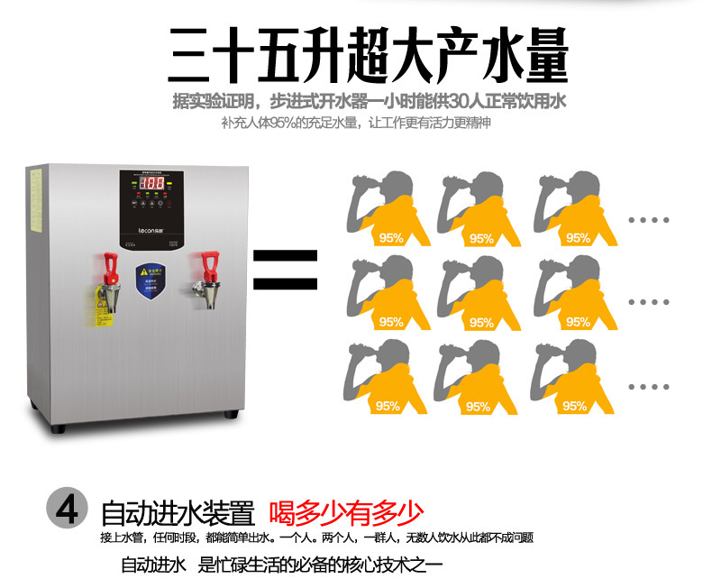 lecon/乐创洋博 不锈钢即热式饮水机 商用步进式开水机30L 奶茶设备全自动开水器
