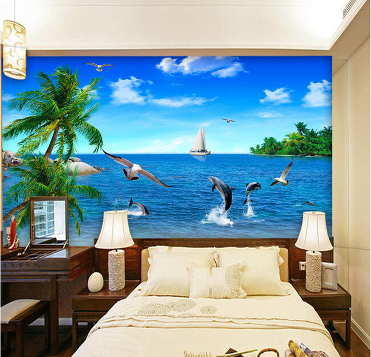 5d立体大海海景风景墙纸壁画客厅电视背景墙壁纸无缝墙布5d凹凸水晶