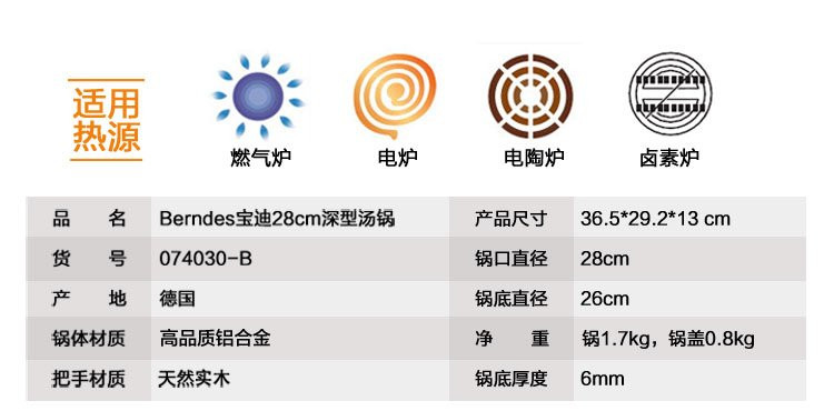 宝迪 Berndes德国进口28cm平底双耳带盖高身无油烟不粘锅汤锅炖锅荷兰锅