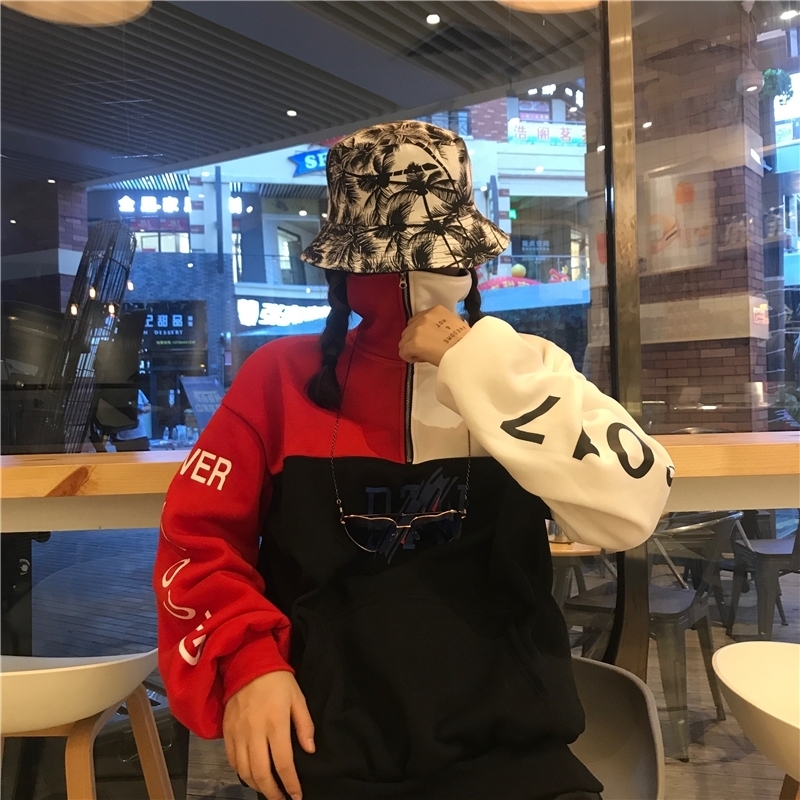 元气少女秋冬韩版ins原宿风情侣拼接拉链高领加绒卫衣学生男女 穿着