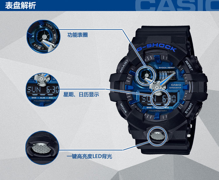 卡西欧(CASIO)手表 G-SHOCK系列时尚运动休闲防水石英男表GA-710-1A2 蓝色