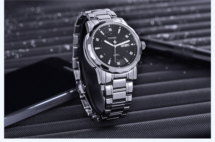 天霸(TIANBA)手表商务全自动机械手表带日历金属钢带休闲手表 机械表 男 TM8005.02SS白色 白盘