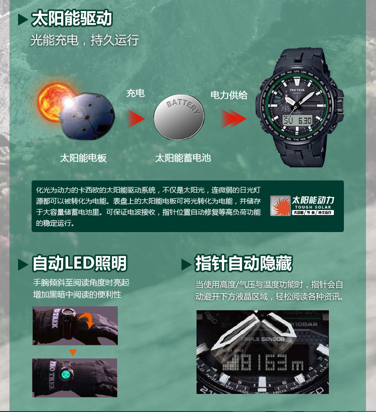 卡西欧(CASIO)手表PROTREK系列太阳能电波登山户外登山运动男表PRW-S6100Y-1 黑色