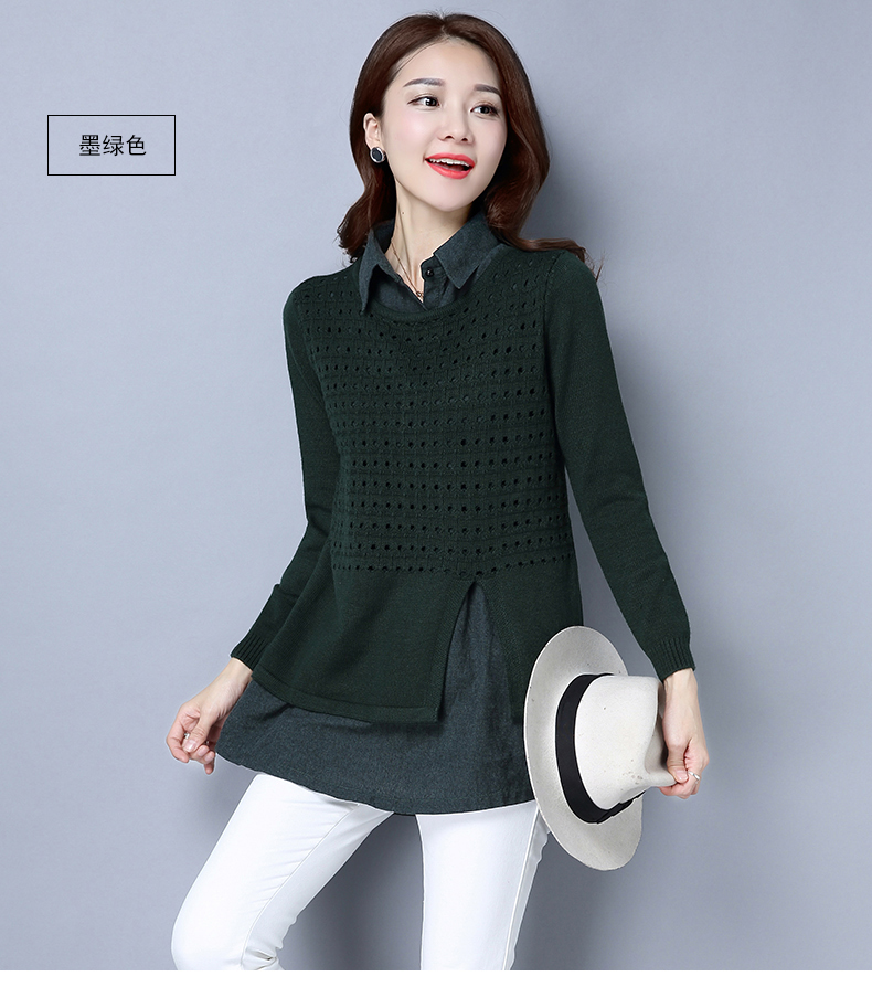 佐露丝女装2017春季衬衣领毛衣女假两件针织