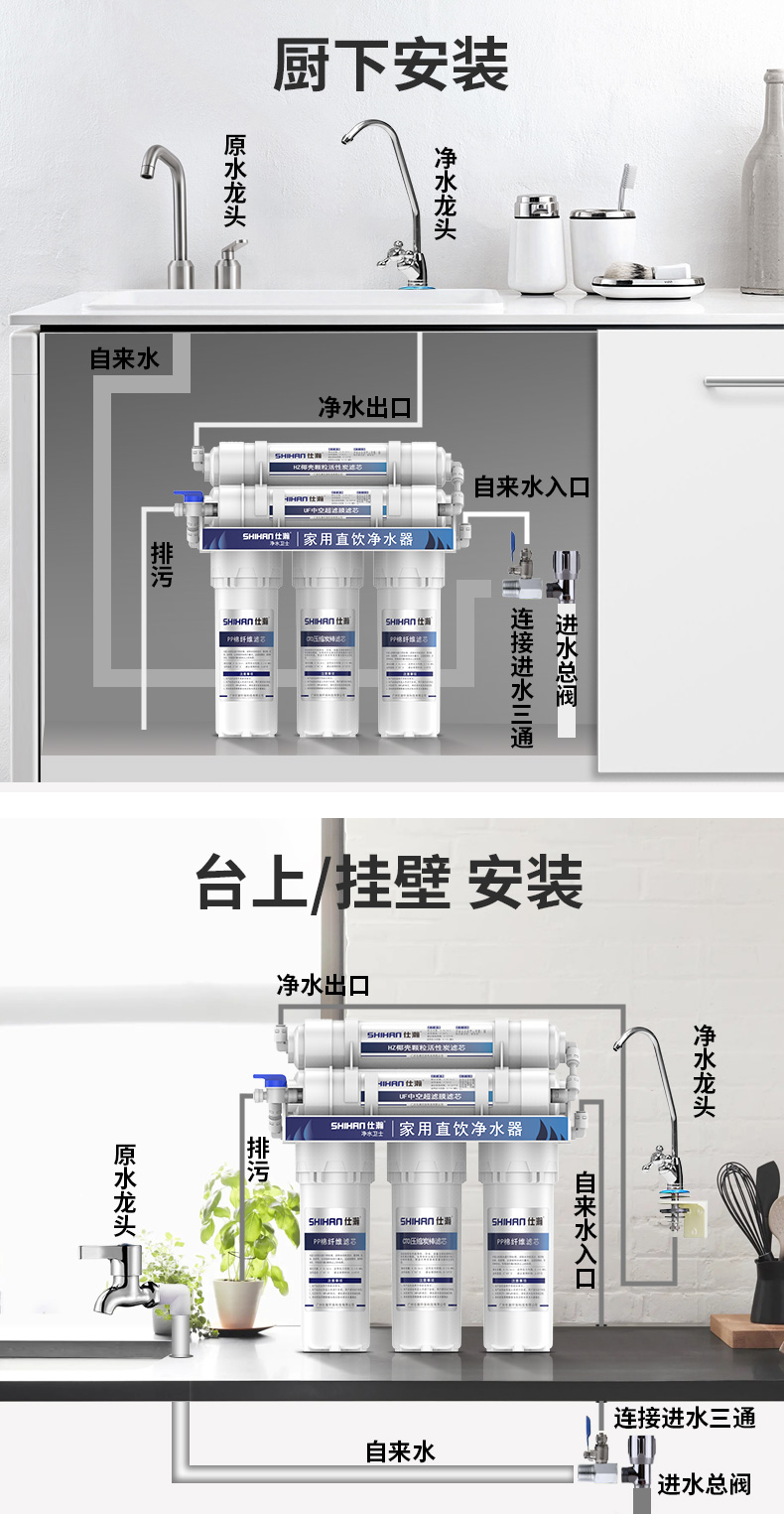 仕瀚净水器家用直饮厨房自来水龙头过滤器滤水器五级超滤净水机