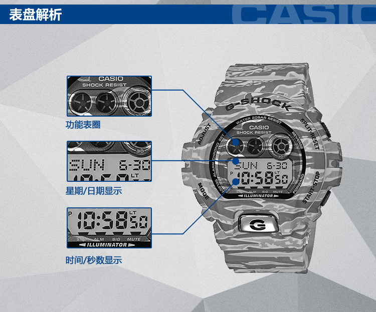 卡西欧(CASIO)手表 G-SHOCK迷彩粗犷时尚魅力男表GD-X6900TC-8 灰