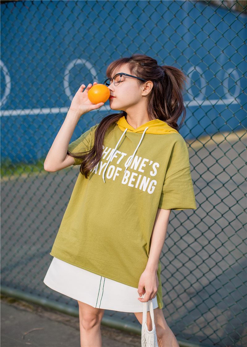 娇米诗2017夏季韩版新款中长款连帽印花宽松