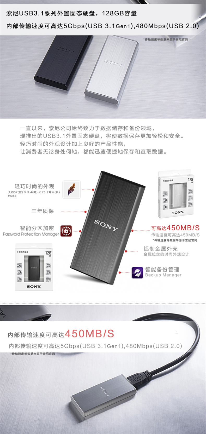 索尼(SONY)外置固态硬盘 128GB SL-BG1/SC2(银色）