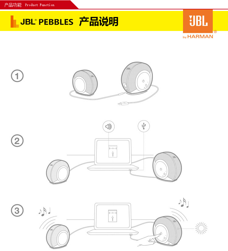 JBL Pebbles 音乐蜗牛 电脑小音箱 USB供电 低音炮 2.0迷你音响 活力橙色
