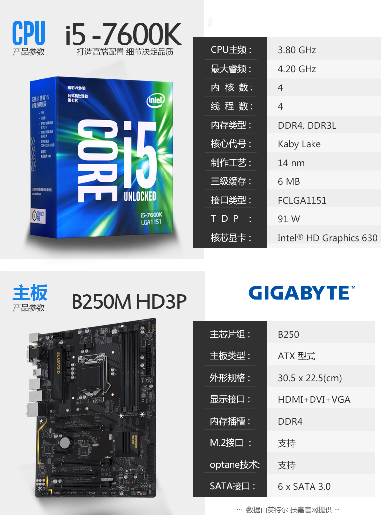 intel/英特尔 i5 7600k cpu搭技嘉b250-hd3p主板 cpu主板套装