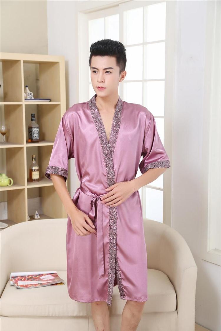 新款正品夏季男士真丝短袖睡袍薄款丝绸睡衣夏天空调房长款浴袍家居服