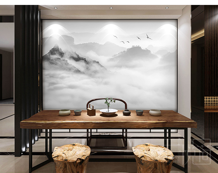 新中式水墨山水墙纸壁画电视背景墙客厅卧室沙壁纸影视墙布壹德壹