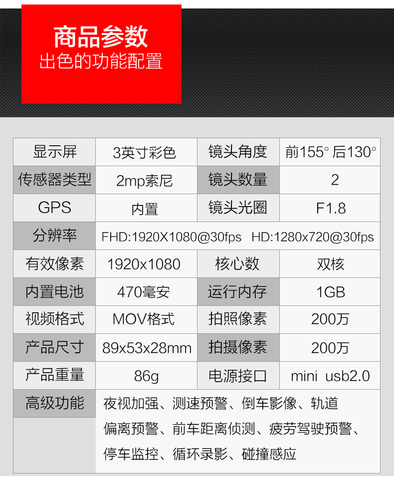 HP惠普f870g 迷你行车记录仪高清夜视双镜头广角停车监控 1080p