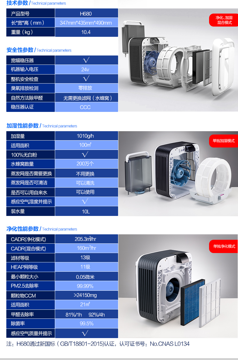 瑞士风/博瑞客空气净化器H680 家用除甲醛pm2.5无耗材加湿净化杀菌三合一