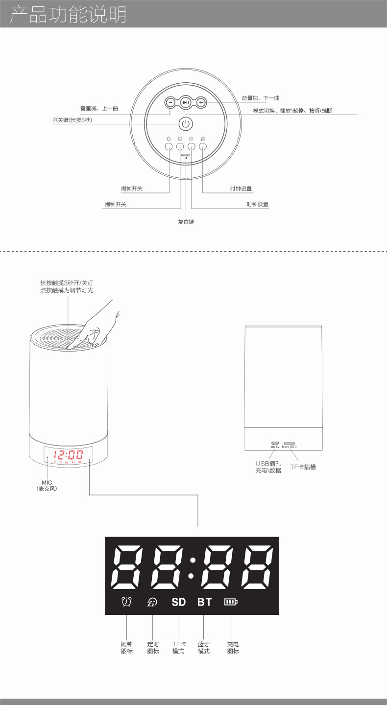 速派supp l5无线蓝牙闹钟音箱创意智能床头led台灯笔记本小音响