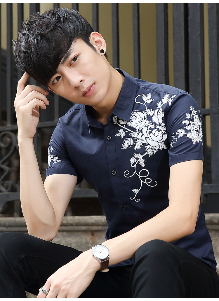 魅言魅语夏季短袖衬衫修身男土衬衣夏天韩版印