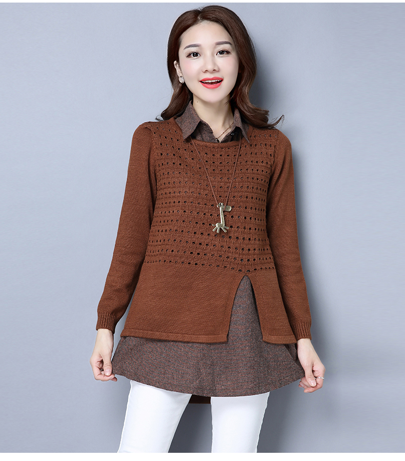 佐露丝女装2017春季衬衣领毛衣女假两件针织