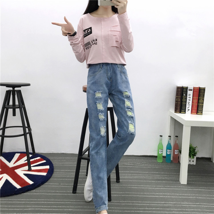 魅言魅语新款牛仔裤女宽松小直通裤大码长裤子