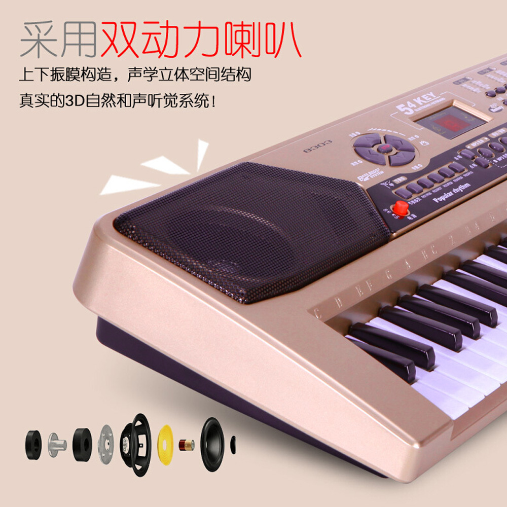 俏娃宝贝 成人儿童入门54键启蒙电子琴立体声双供电混声jsd8303a(带