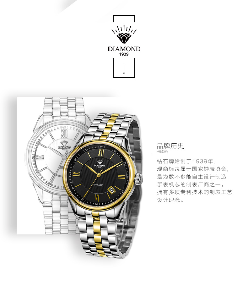 上海钻石牌手表男自动机械男表大表盘日历精钢2101-2男士钻石手表间金黑面 间金黑面钢带