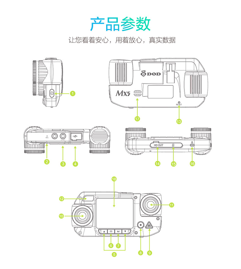 DOD MX5行车记录仪高清夜视广角自锁档1080P前后双录旋转镜头