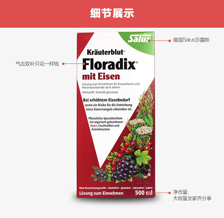 德国salus Floradix铁元补铁补血果蔬营养液浓缩