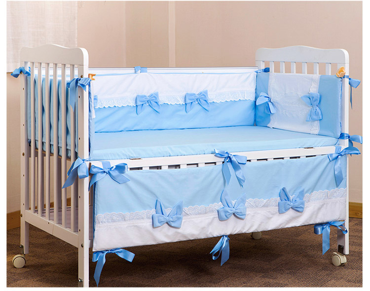 霖贝儿(LINBEBE)婴儿床上用品蝴蝶结四件套精梳棉床围床笠可拆洗宝宝床品 蓝色 120*65