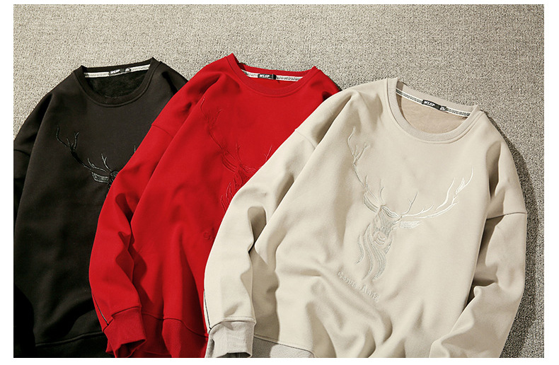 日系秋季新款男小鹿绣花长袖卫衣青少年学生百