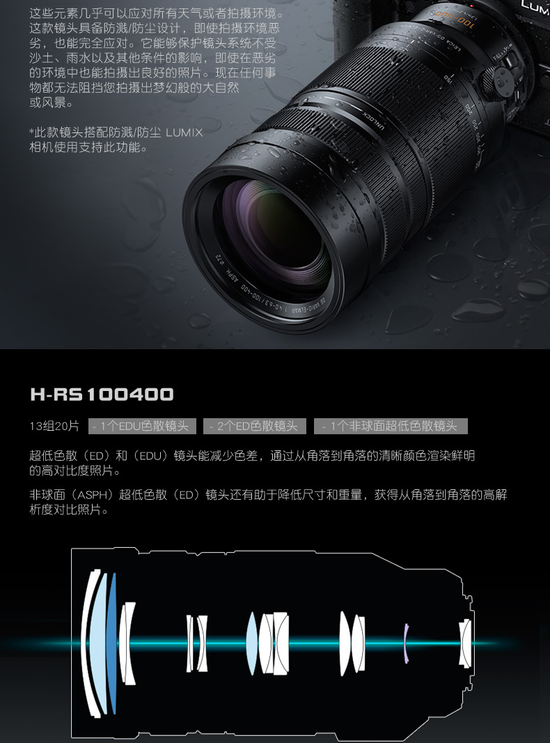 松下(Panasonic) LEICA H-RS100400GK 100-400/f4.0-6.3 远摄变焦镜头 黑色