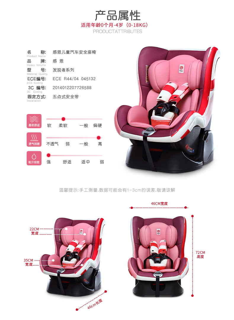 感恩 儿童安全座椅 车载宝宝安全坐椅 婴儿汽车安全座椅0-4岁三点式安装 三点式固定坐式功能座垫 活力红