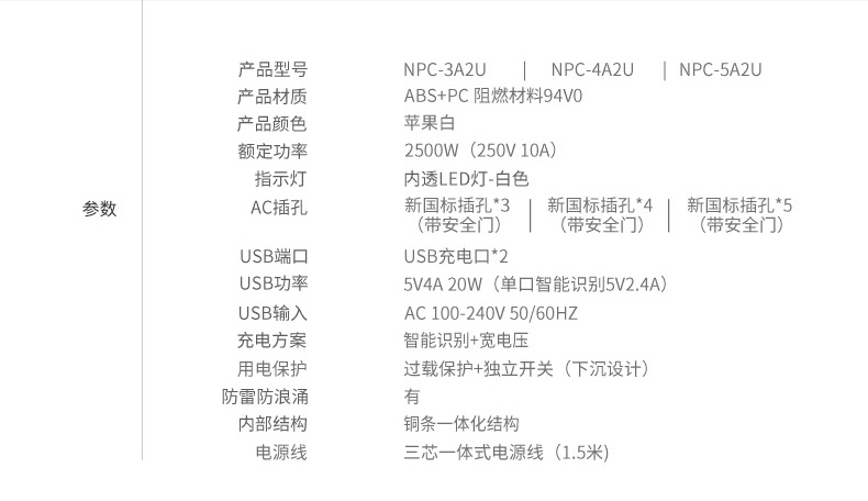 ORICO奥睿科 NPC USB智能充电接线板排插插