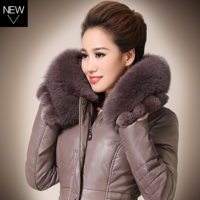 Mtiny中老年皮羽绒服女中长款加肥加大码皮衣