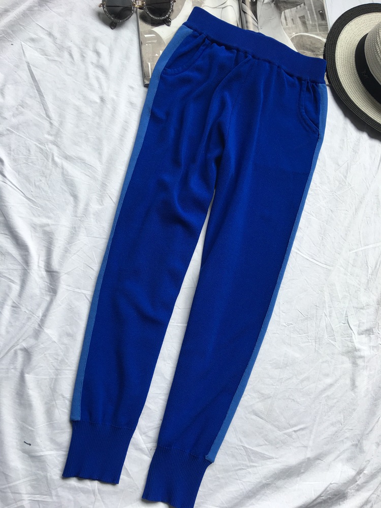 杨幂同款明星蓝色冰丝针织运动校服裤松紧腰宽松侧边条纹小脚裤女