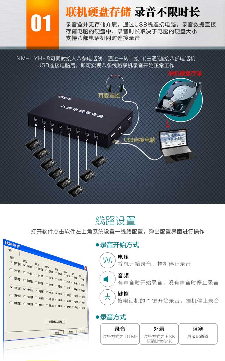 纽曼(Newmine)NM-USB-8 八路电话录音盒 电话机联机录音硬盘储存录音不限时长支持