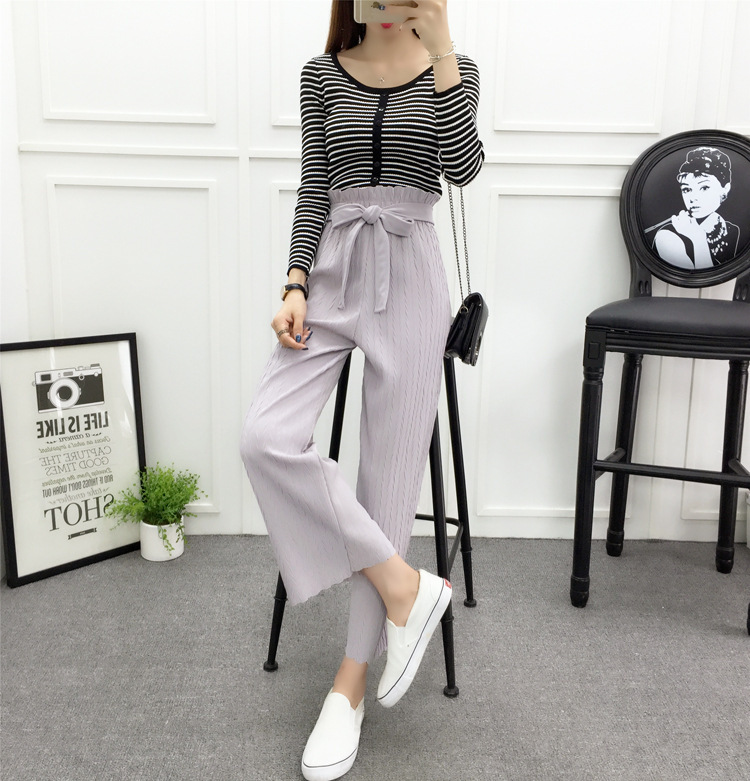 蔚缇秋冬黑色百褶阔腿裤九分裤宽松修身休闲裤