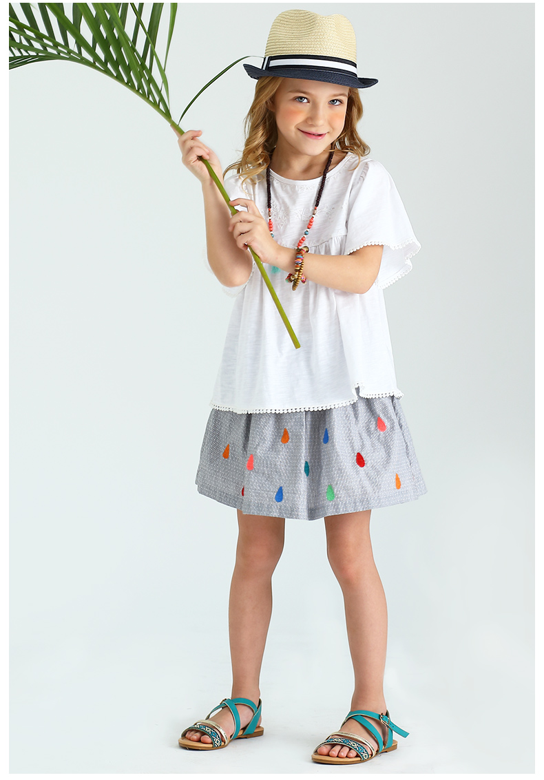 巴巴小镇童装女大童条纹绣花短裙2017新款夏