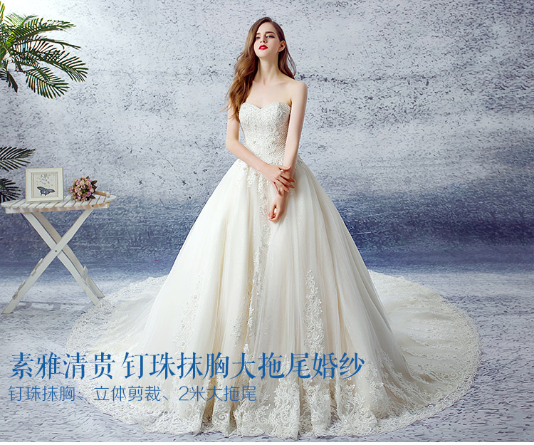 婚纱礼服2016新款抹胸a字裙婚纱拖尾优雅香槟色网格纱婚纱定制