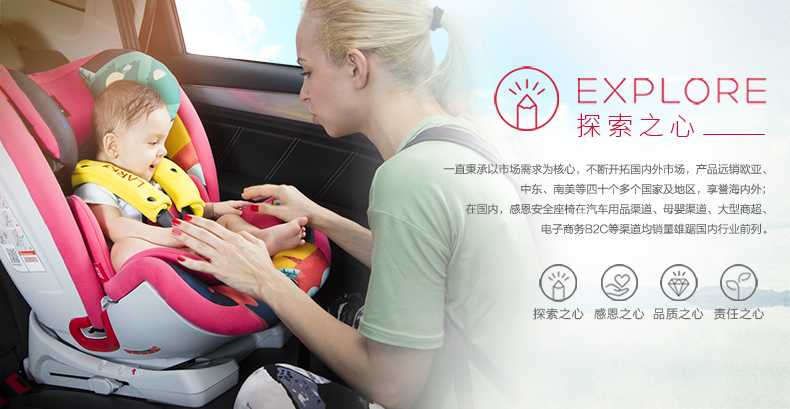 感恩 儿童安全座椅 车载宝宝安全坐椅 婴儿汽车安全座椅0-4岁三点式安装 三点式固定坐式功能座垫 活力红
