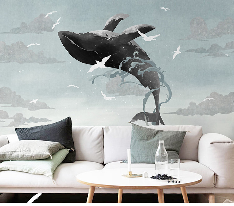 北欧手绘卧室卡通墙纸壁画3d立体鲸鱼艺术墙布儿童房背景墙壁纸壹德壹